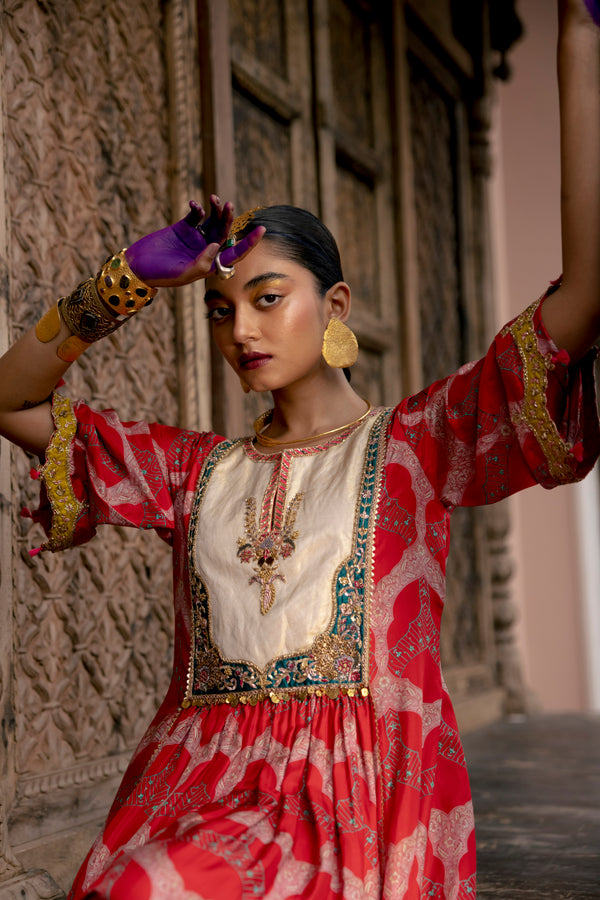 Fariba Red Ivory Yoke Kurta Set