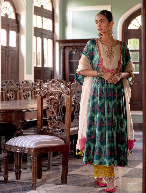 Fariba Teal Green Ivory Yoke Kurta Set