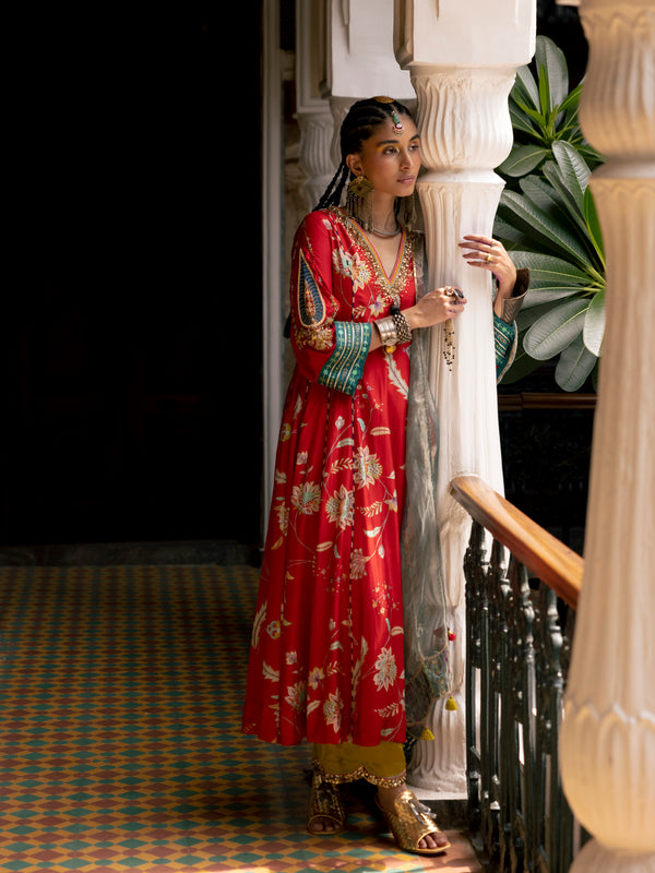 Fariba Red Printed Side Kali Kurta Set