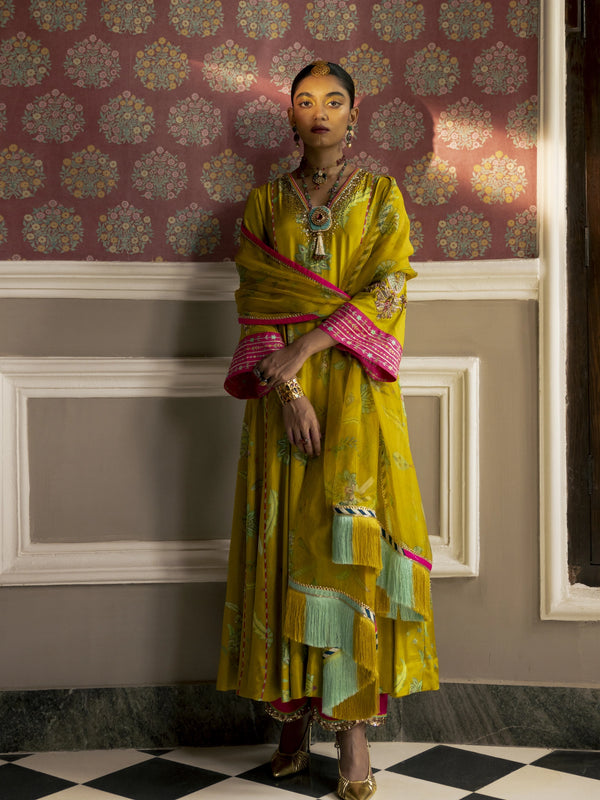 Fariba Lime Yellow Printed Side Kali Kurta Set