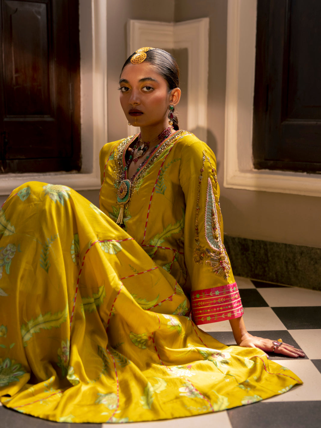 Fariba Lime Yellow Printed Niki Mehra Side Kali Kurta Set