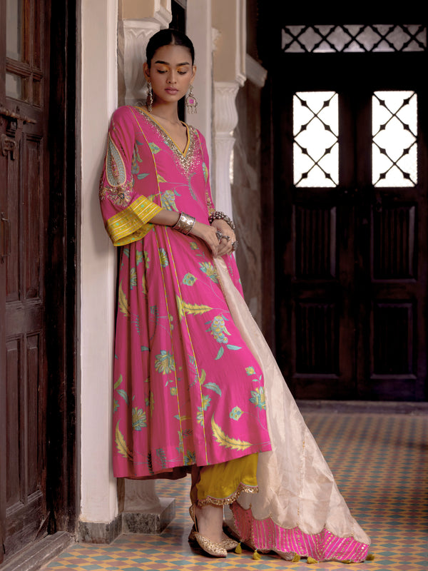 Fariba Hot Pink Printed Side Kali Kurta Set