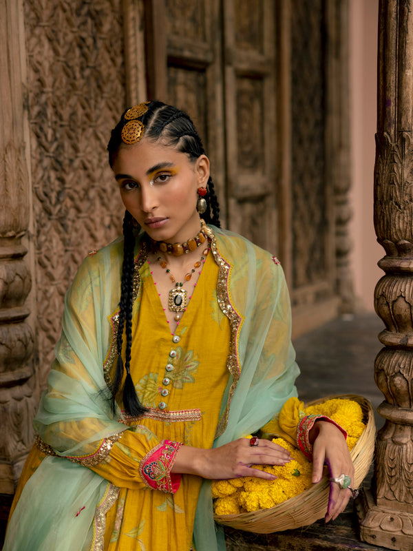 Fariba Lime Yellow Printed Back Yoke Kurta Set