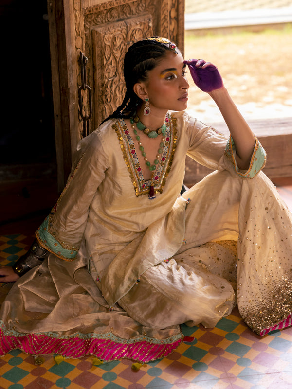 Fariba Ivory Golden Tissue Sharara Set