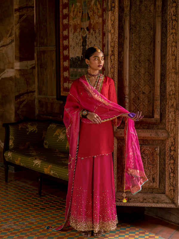 Fariba Red Magenta Silk Sharara Set