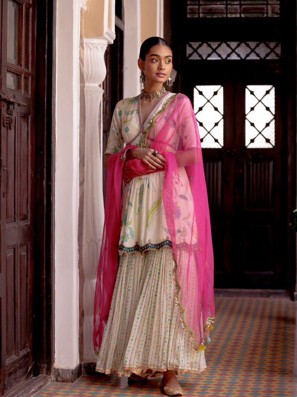 Fariba Ivory Printed Scallop Gharara Set
