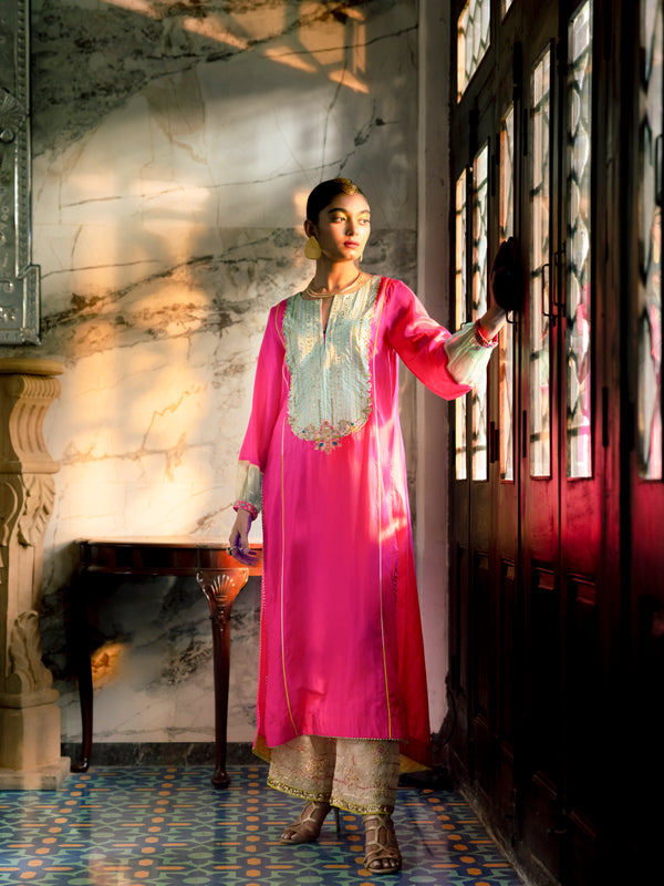 Fariba Hot Pink Silk Back Pleat Yoke Kurta