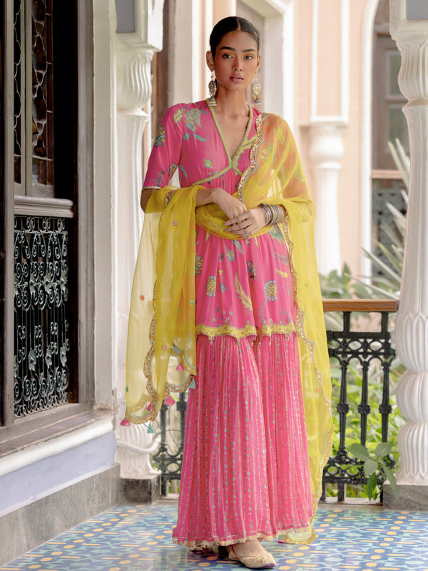 Fariba Bright Pink Printed Scallop Gharara Set