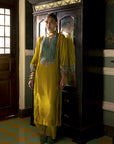 Fariba Lime Yellow Velvet Back Pleat Yoke Kurta Set