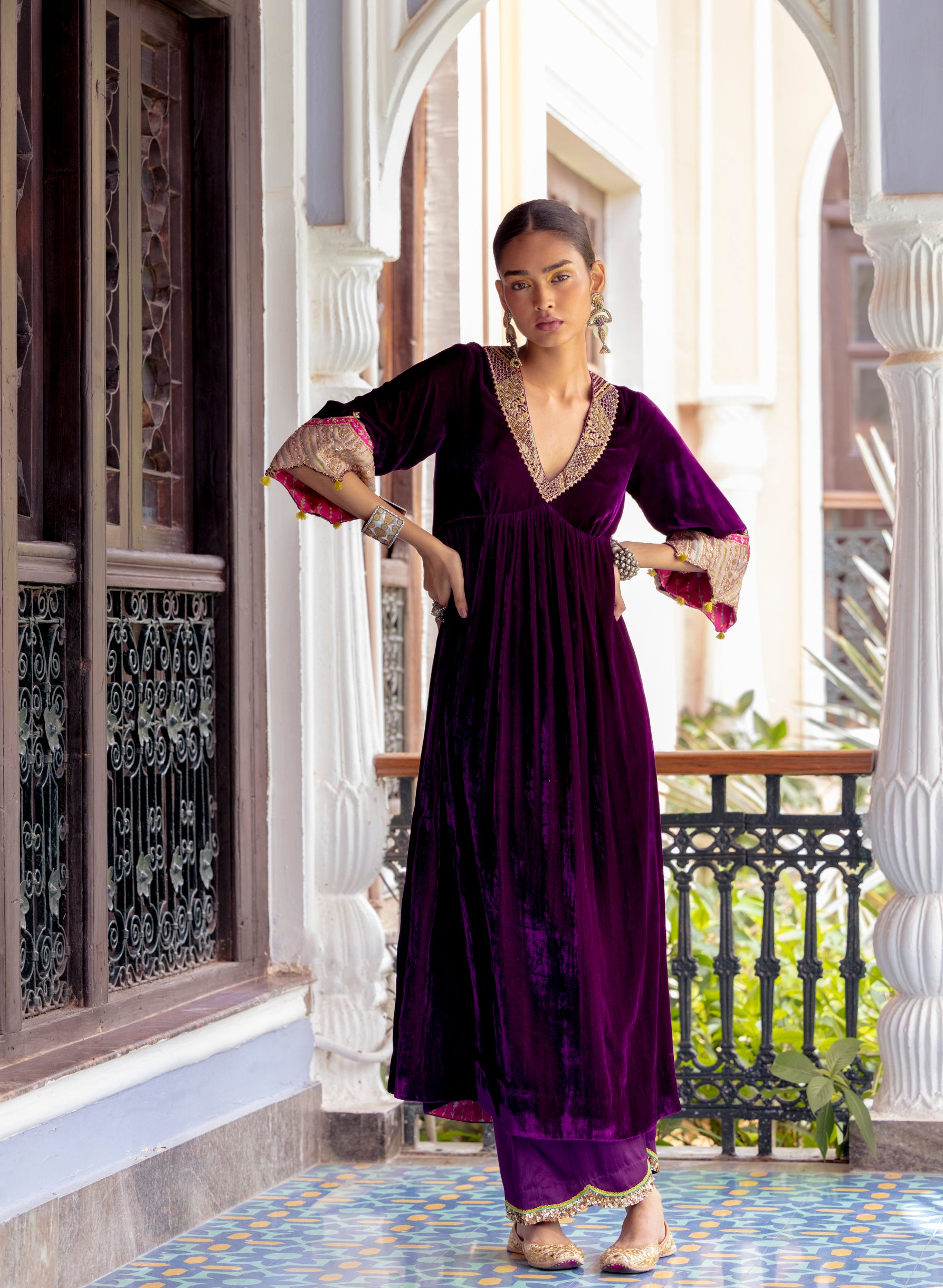 Fariba Purple Bell Sleeve Velvet Kurta Set