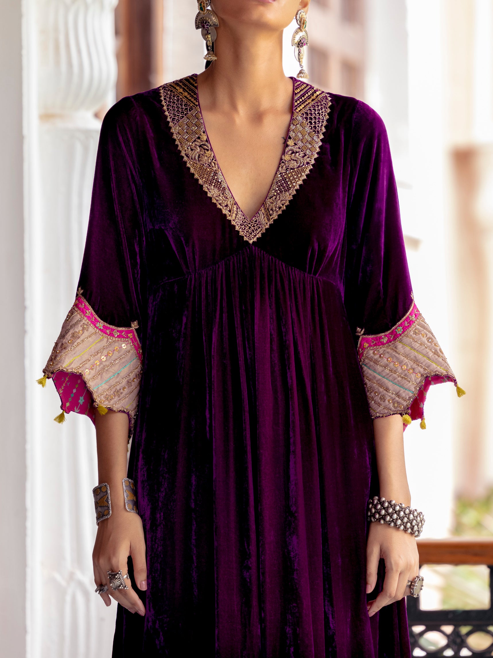 Fariba Purple Bell Sleeve Velvet Kurta Set