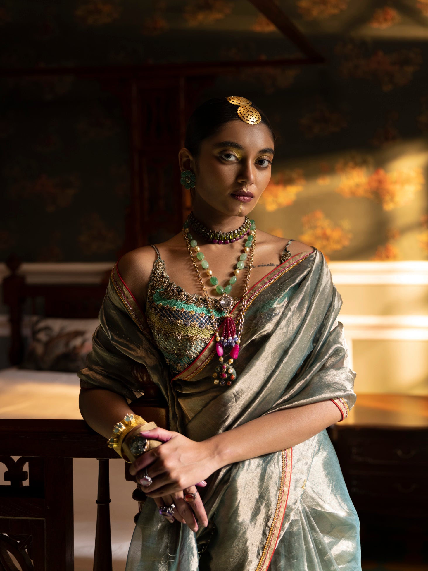 Fariba Teal Tissue Sari Set