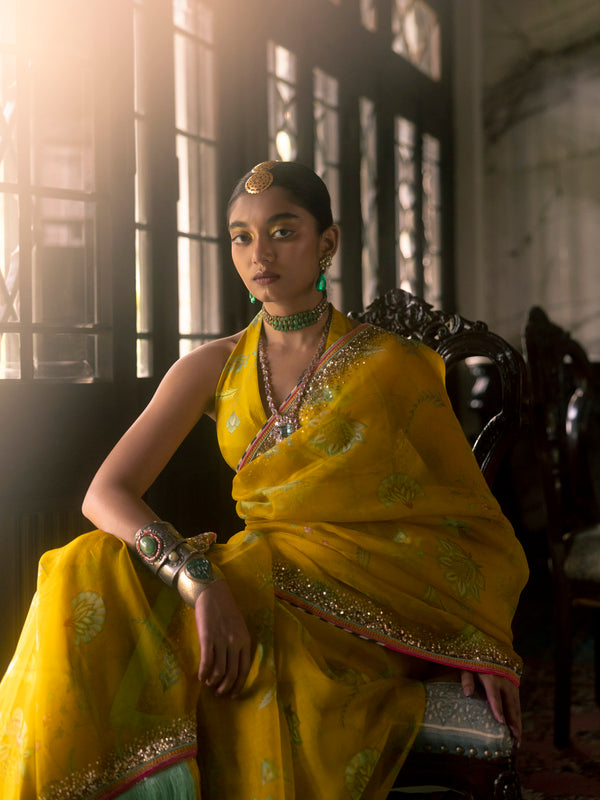 Fariba Lime Yellow Sequin Printed Organza Sari Set