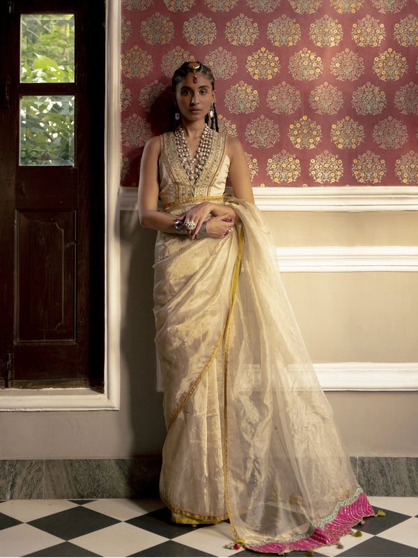 Fariba Ivory Golden Tissue Sari Set