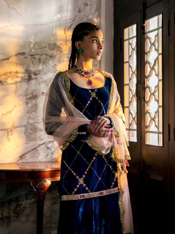 Fariba Blue Silk Velvet Sharara Set