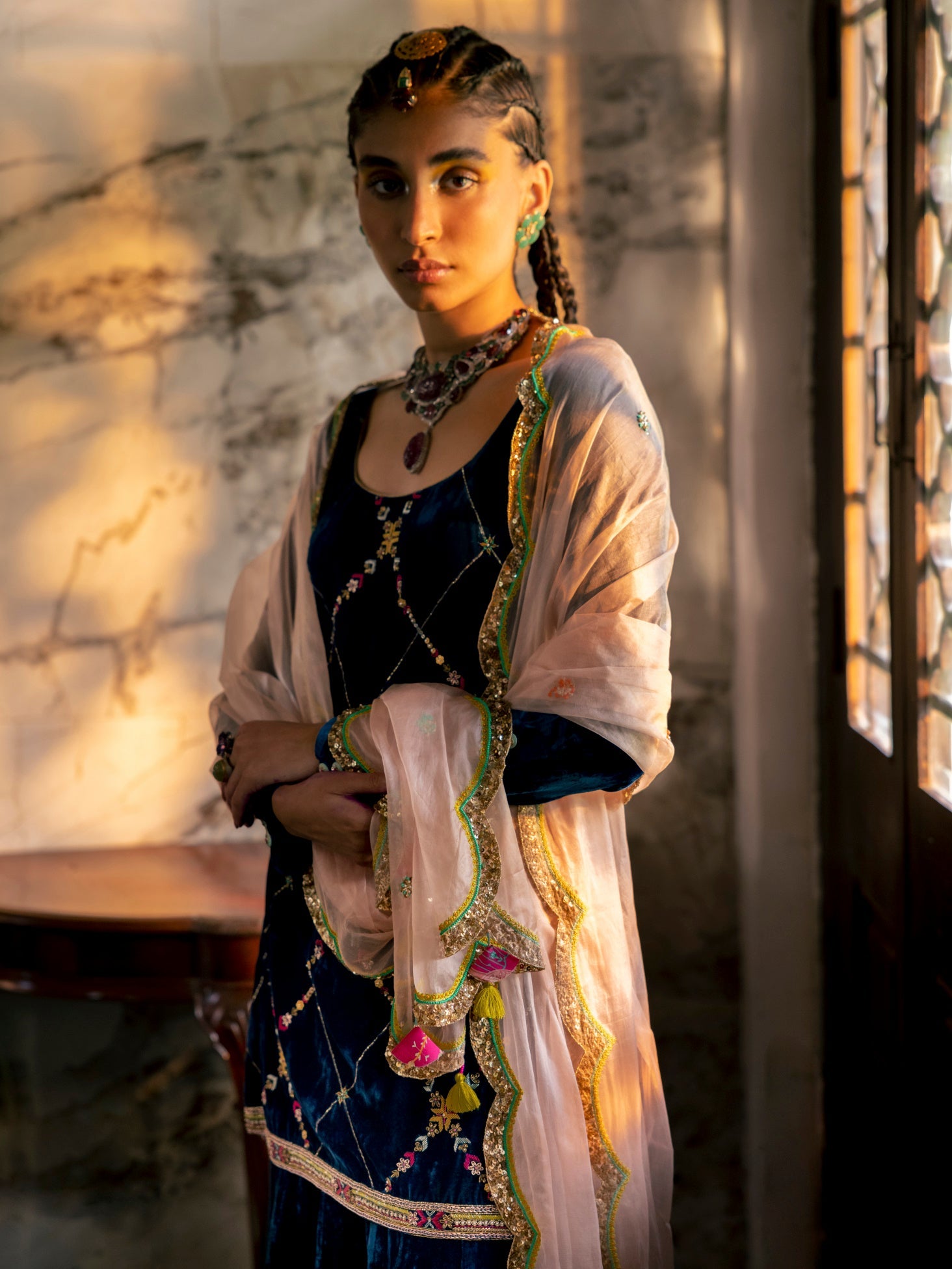 Fariba Blue Silk Velvet Sharara Set