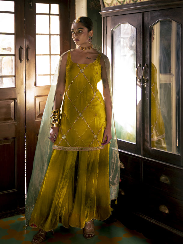 Fariba Yellow Silk Velvet Sharara Set
