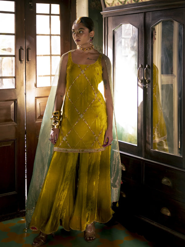 Fariba Yellow Silk Velvet Sharara Set