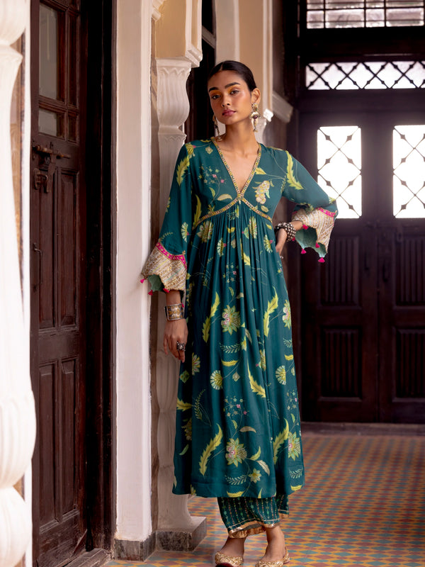Fariba Teal Bell Sleeve Printed Kurta Set