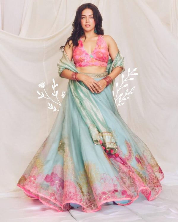 Wamiqa Gabbi Ice Blue Floral Organza Lehenga Set