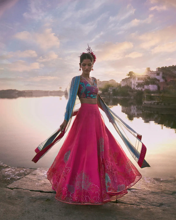 Gul Fushia Rose Pink Floral Lehenga Set