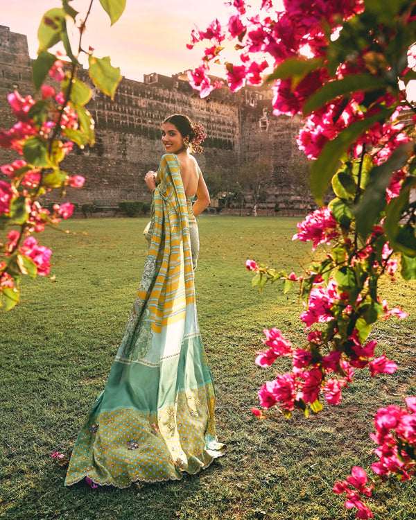Gul Sage Green Printed Stripe Crepe Sari
