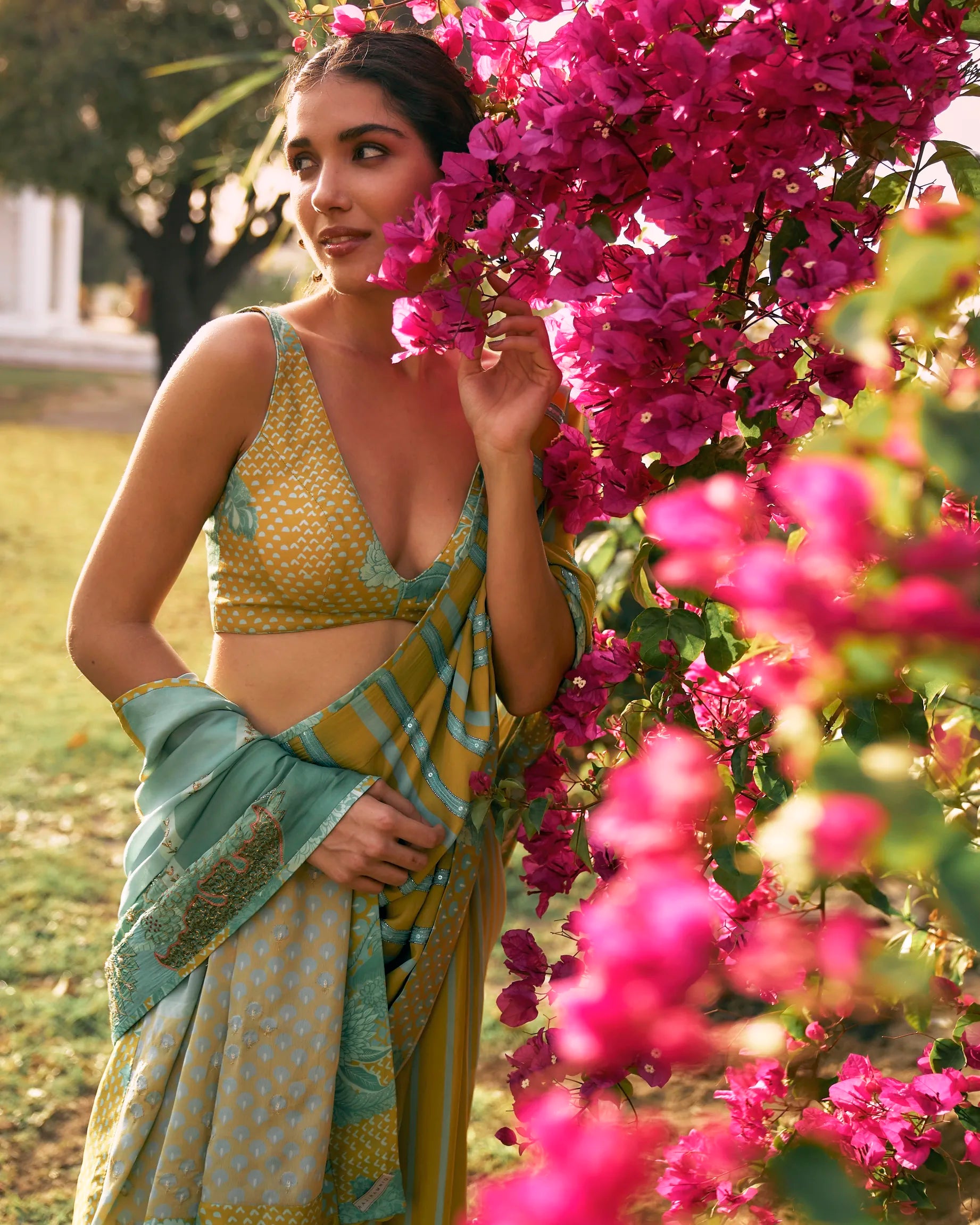 Gul Sage Green Printed Stripe Crepe Sari