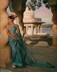 Gul Ice Blue Sequin Flower Sari