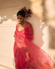 Gul Fushia Rose Pink Floral Printed Organza Sari