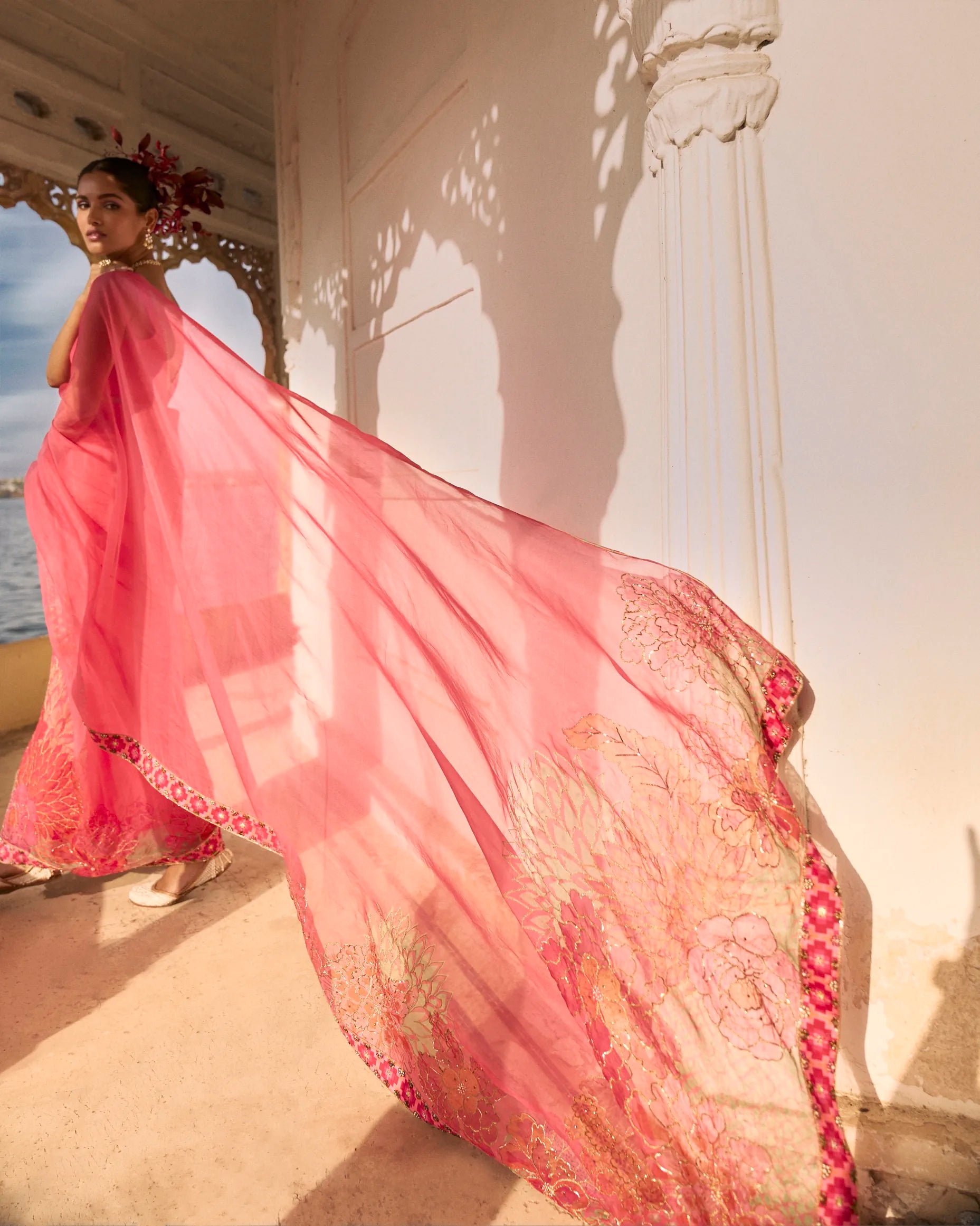 Gul Fushia Rose Pink Aishwariya Lekshmi Floral Printed Organza Sari