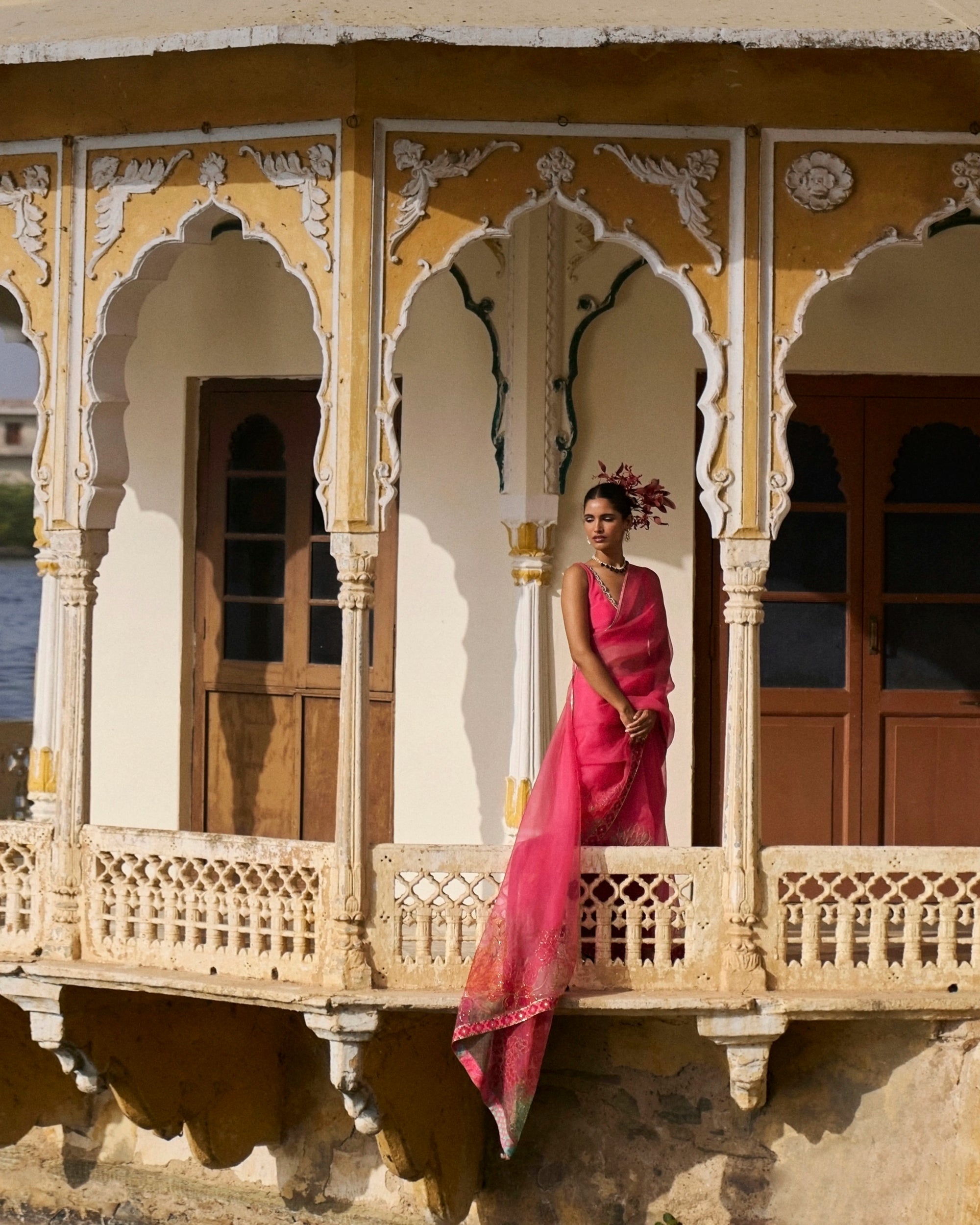 Gul Fushia Rose Pink Aishwariya Lekshmi Floral Printed Organza Sari