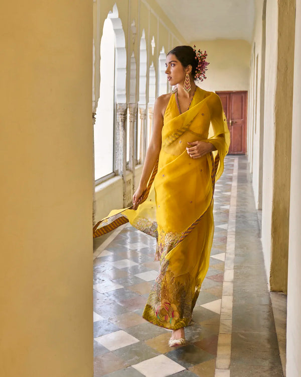 Gul Yellow Floral Organza Sari