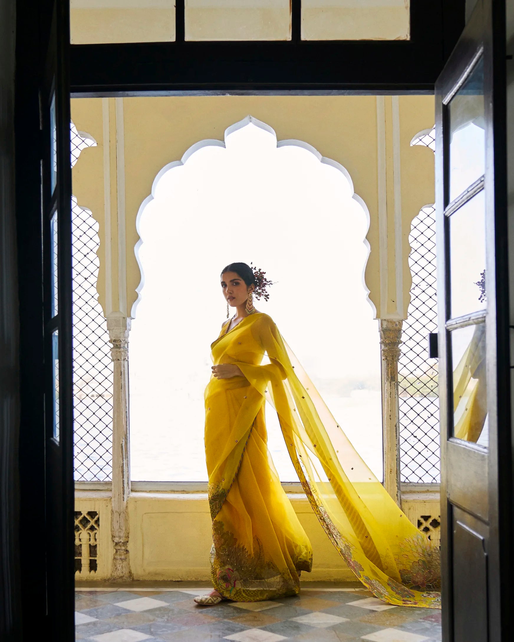 Gul Yellow Floral Organza Sari