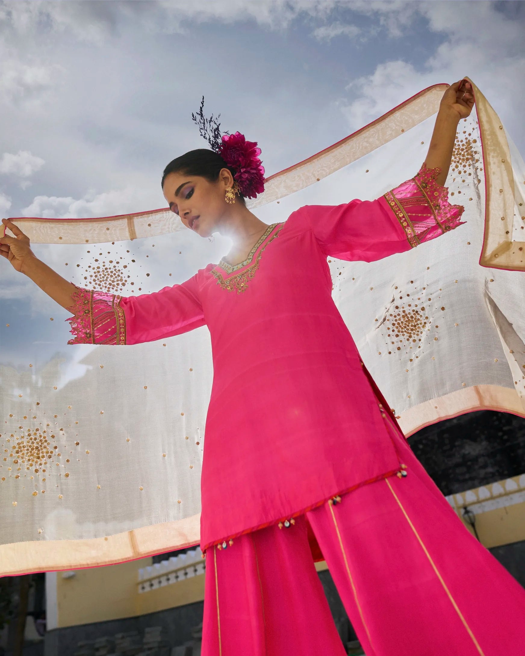 Gul Hot Pink Silk Sharara Set