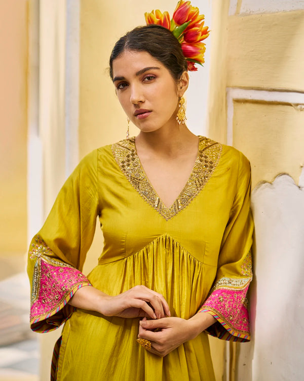 Gul Lime Yellow Bell Sleeve Silk Kurta Set