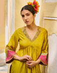 Gul Lime Yellow Bell Sleeve Silk Kurta Set