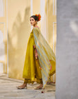 Gul Lime Yellow Bell Sleeve Silk Kurta Set