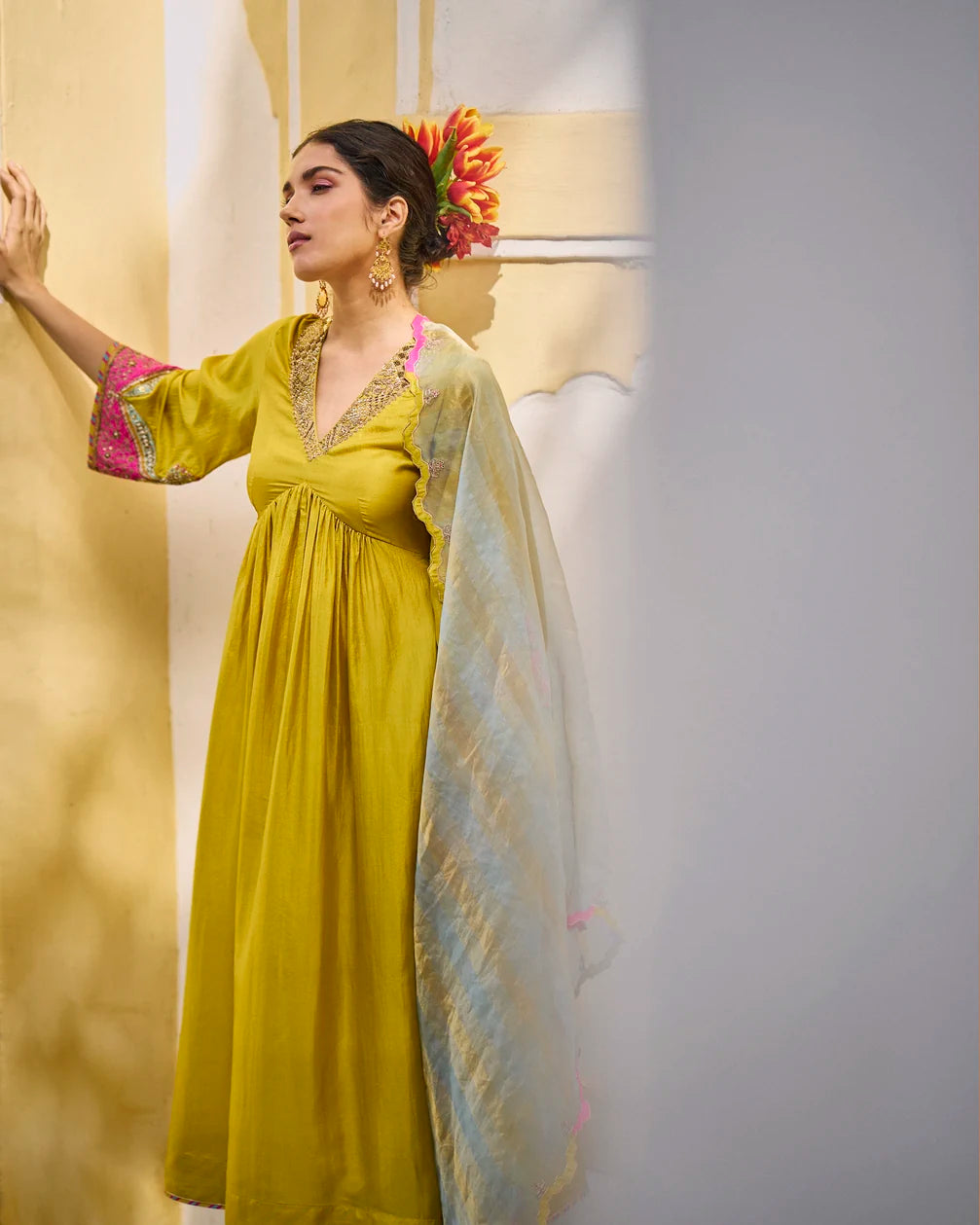 Gul Lime Yellow Bell Sleeve Silk Kurta Set