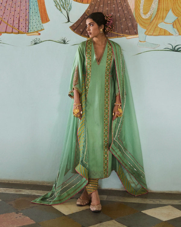 Gul Sage Green Side Kali Silk Kurta Set