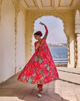 Gul Jester Red Printed Crepe Short Yoke Anarkali Set