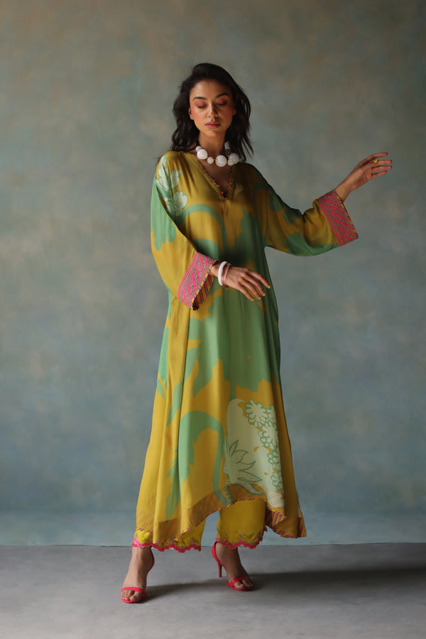 Gul Lime Yellow Flower Kaftan Kurta Set