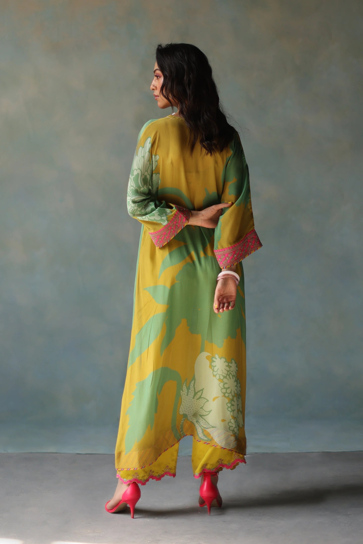 Gul Lime Yellow Flower Kaftan Kurta Set