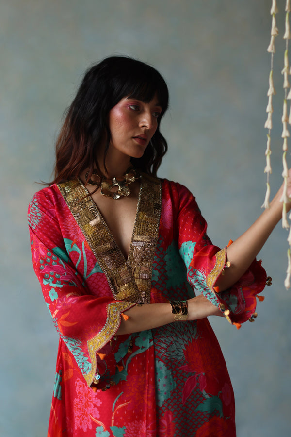 Gul Jester Red Printed Front Pleat Kurta Set