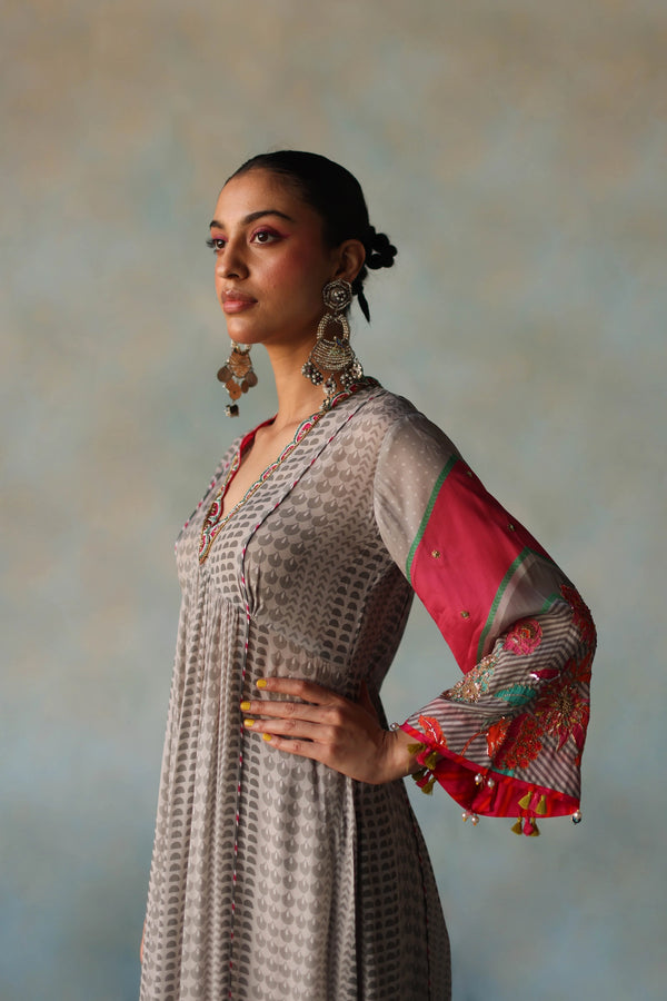 Gul Grey Front Puckering Tassel Sleeve Kurta Set