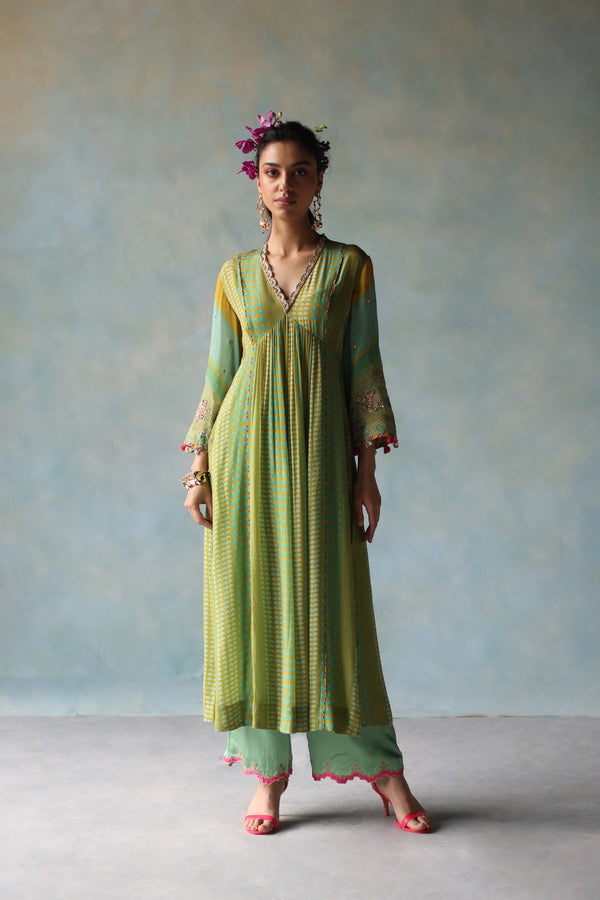 Gul Sage Green Front Puckering Tassel Sleeve Kurta Set