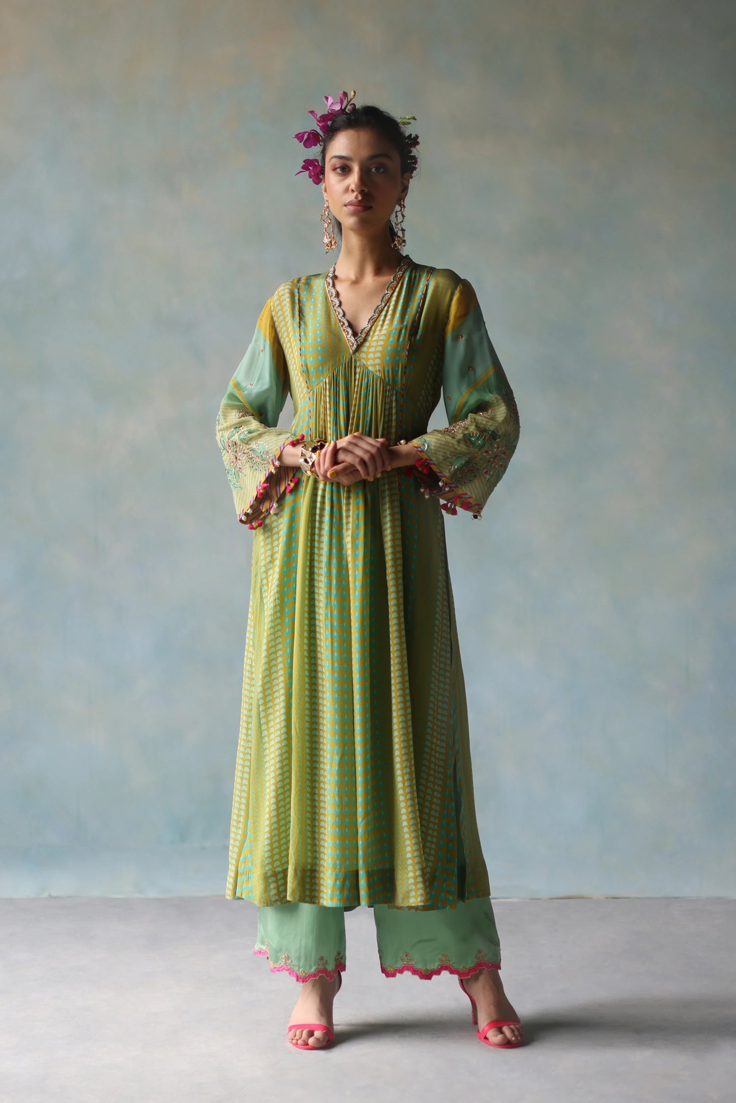 Gul Sage Green Front Puckering Tassel Sleeve Kurta Set