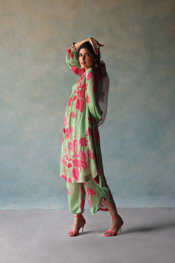 Gul Sage Green - Pink Printed Puckering Kurta Set