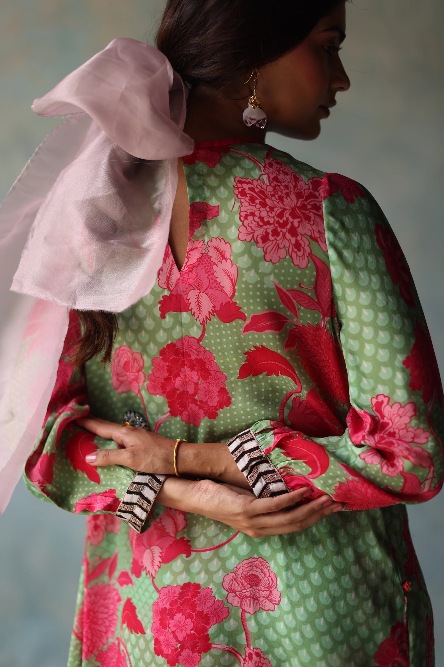 Gul Sage Green - Pink Printed Puckering Kurta Set