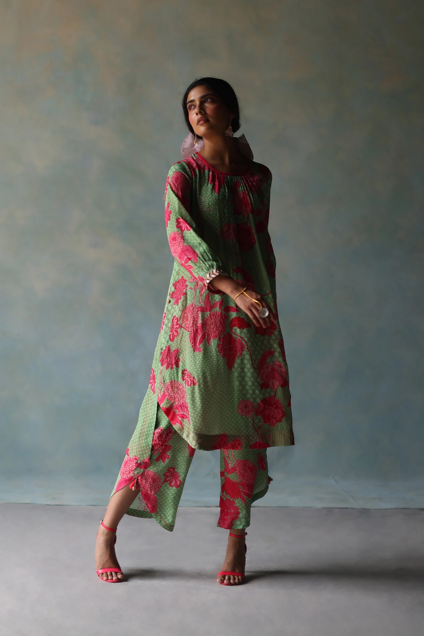 Gul Sage Green - Pink Printed Puckering Kurta Set