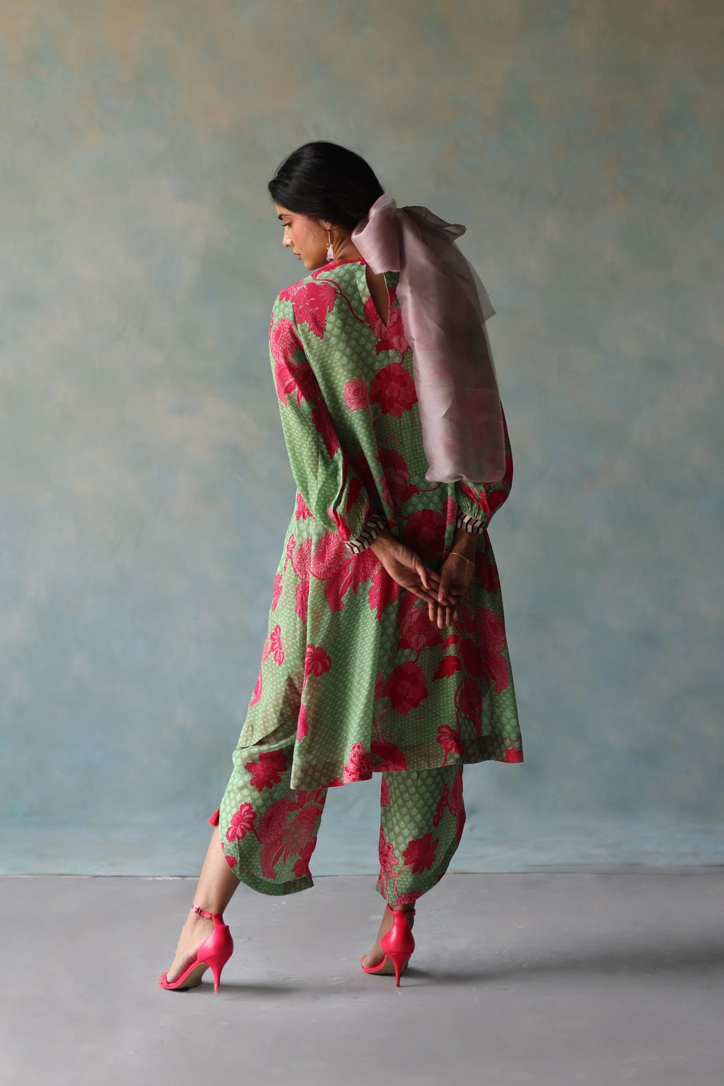 Gul Sage Green - Pink Printed Puckering Kurta Set